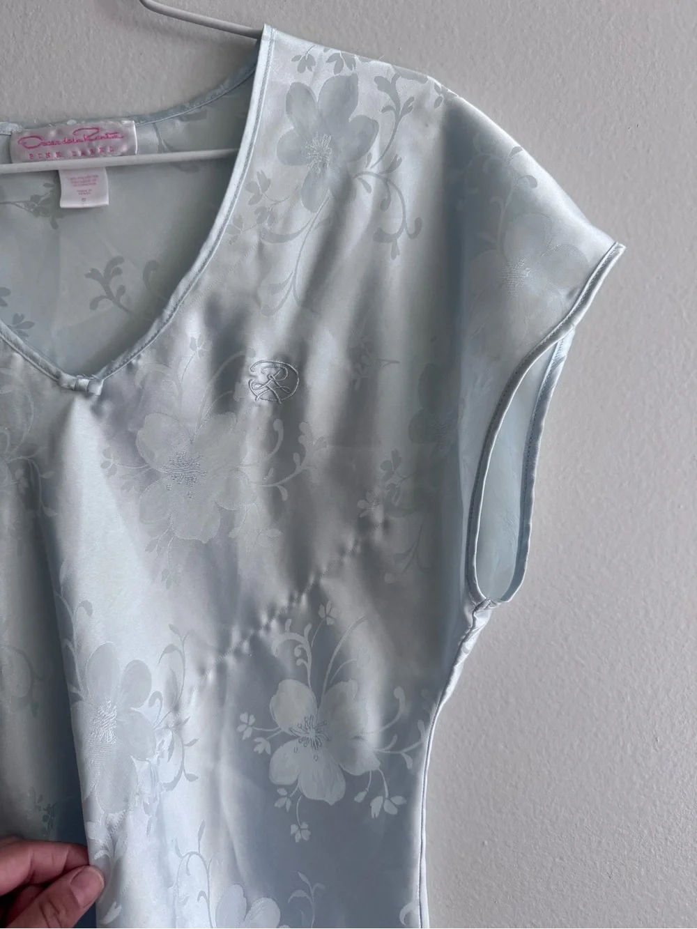 Vintage Oscar de la Renta Light Blue Floral Satin Nightgown Size Small